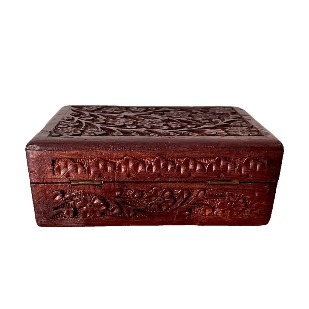 Wood Hand Carved Ornate Trinket Box - India Blue Velvet Inside 6” x 3.75” x 2”